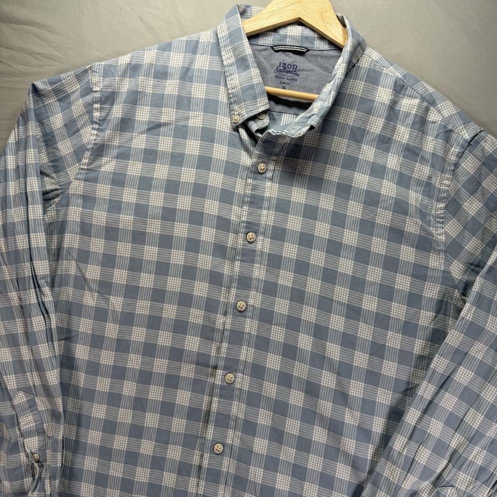 Izod Saltwater Shirt Mens XL Blue Check Button Down Slim Fit Long Sleeve